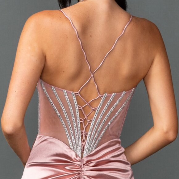 New Beads Embellished Prom Satin Dress w/ Gathered Waist & Lace Up Back DQ 4538 - Picture 8 of 9